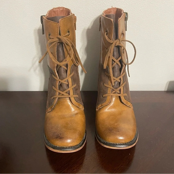 Pierre Dumas Lace Up Zipper Boots Women’s 8.5 Two Tone Heeled Brown western - Picture 3 of 6